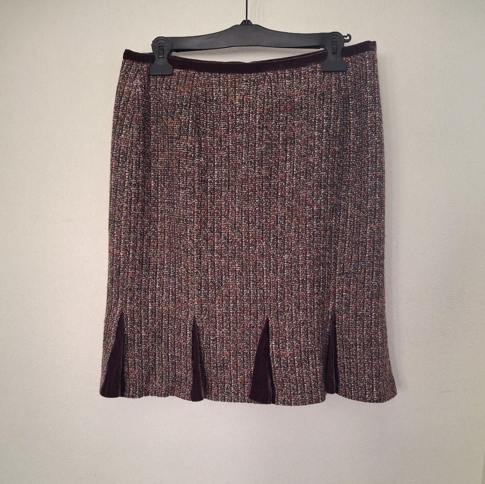 NORDSTROM Wool Velvet Blend Fit and Flare Burgundy Multicolor Tweed Skirt-Size16